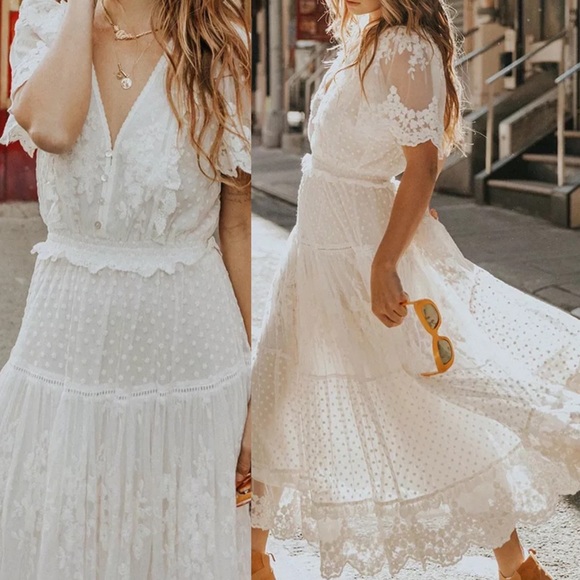 Boho gypsy lace dot maxi dress white tier Never Worn - Picture 5 of 5